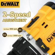 DEWALT DCD805 drill side view, ergonomic handle and metal chuck in yellow/black