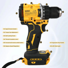 DEWALT DCD805 drill detail, yellow and black with LED light and variable speed