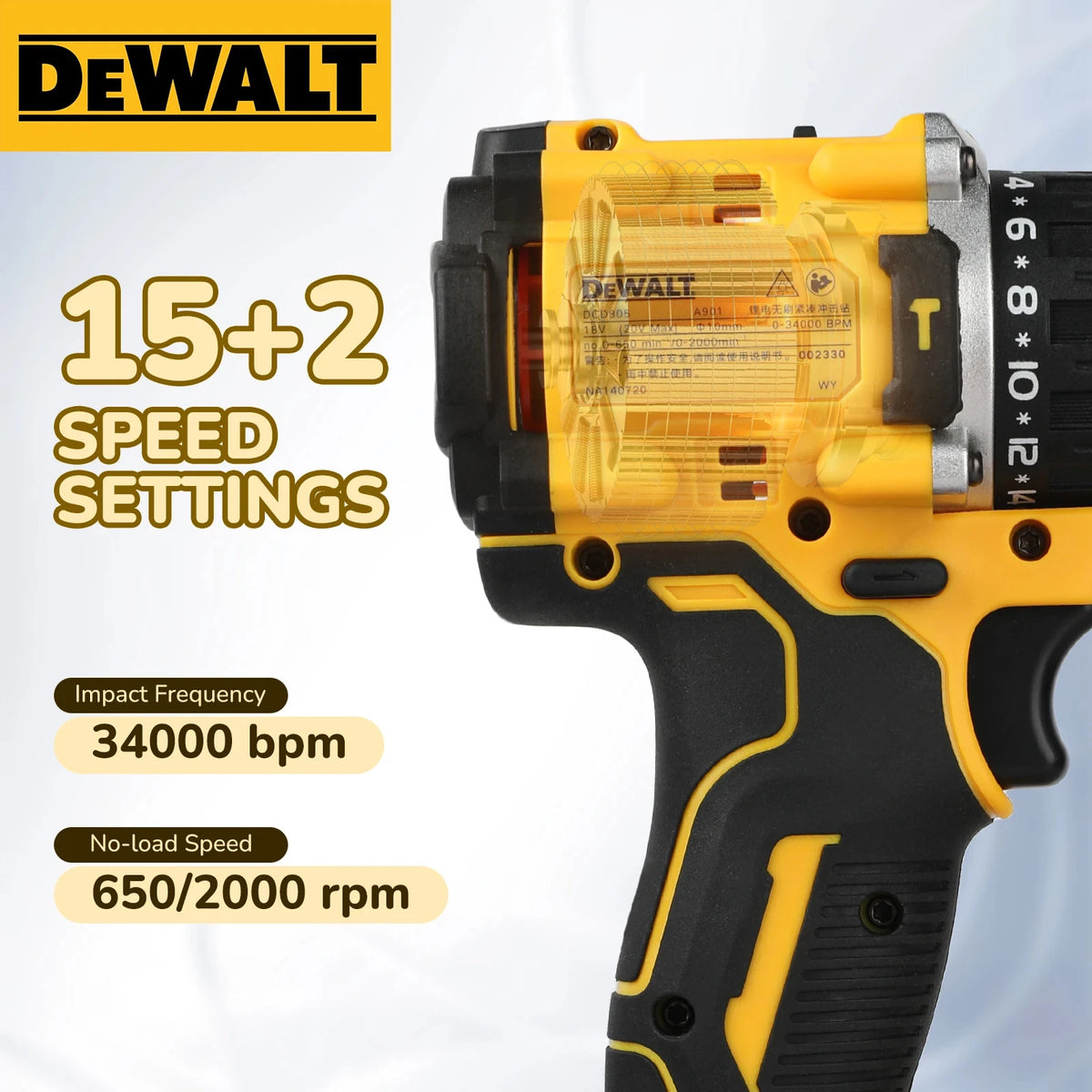 DEWALT DCD805 drill close-up, yellow and black showing speed settings
