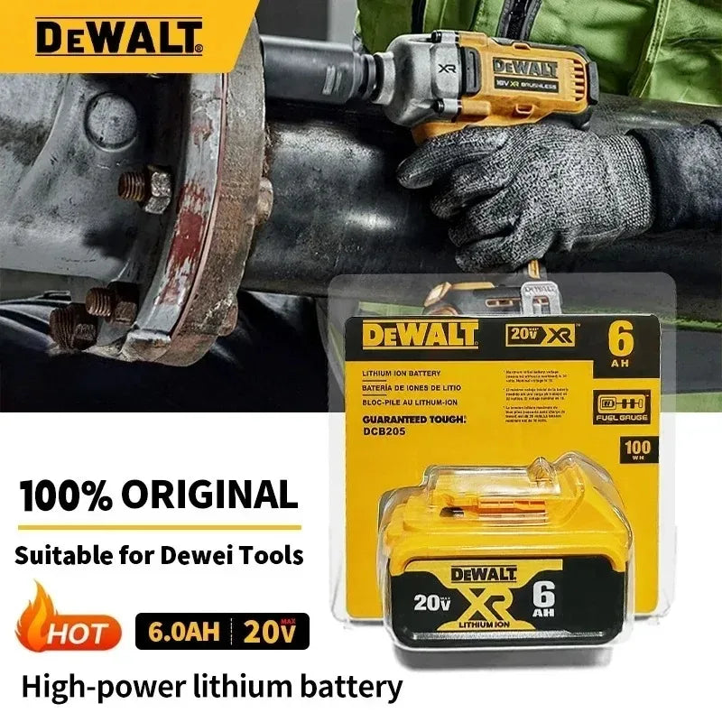 DeWalt 20V battery detail close-up, yellow and black