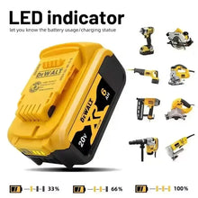 DeWalt 20V battery LED indicator detail, yellow and black