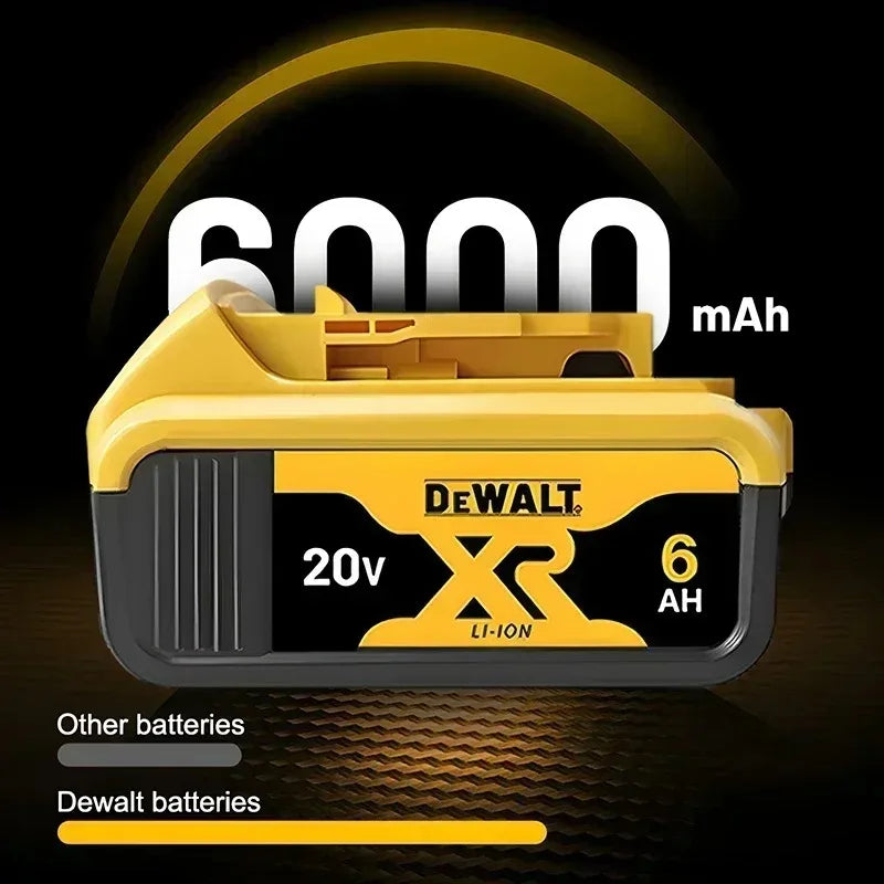 DeWalt 20V battery lifestyle shot, yellow and black