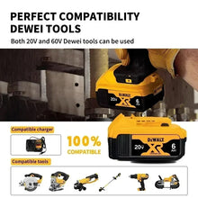 DeWalt 20V battery with power tool lifestyle view, yellow and black