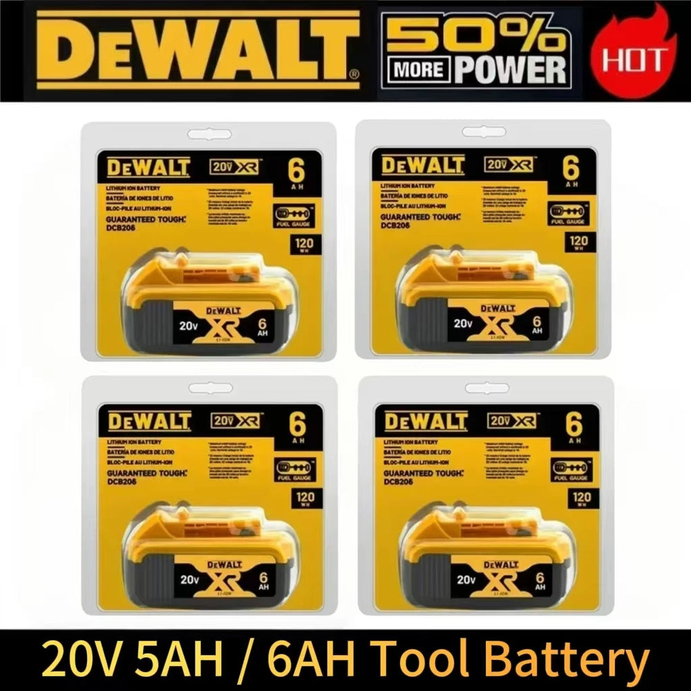 DeWalt 20V battery packaging, yellow and black, front view