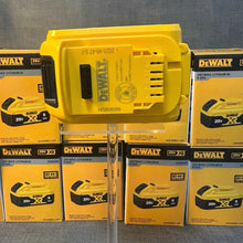 Dewalt 20V battery detail close-up, yellow pack with charging ports