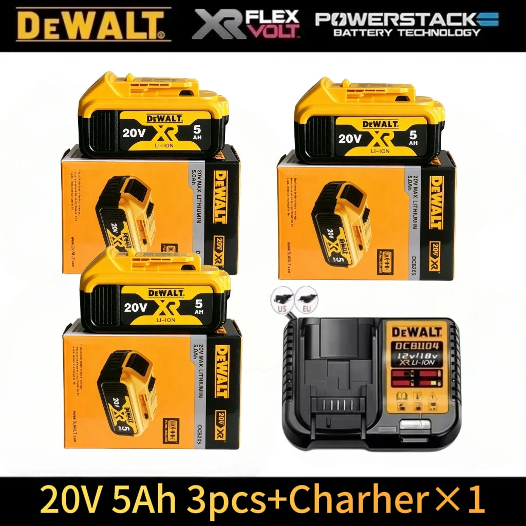 Dewalt 20V battery and charger packaging, yellow and black box