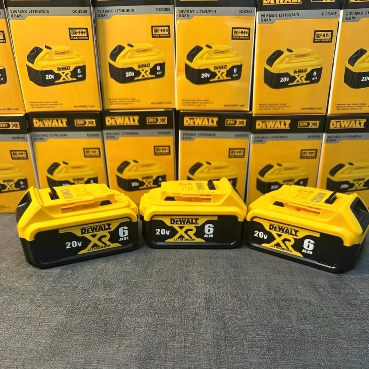 Dewalt 20V battery packs lifestyle, yellow and black, multiple sizes