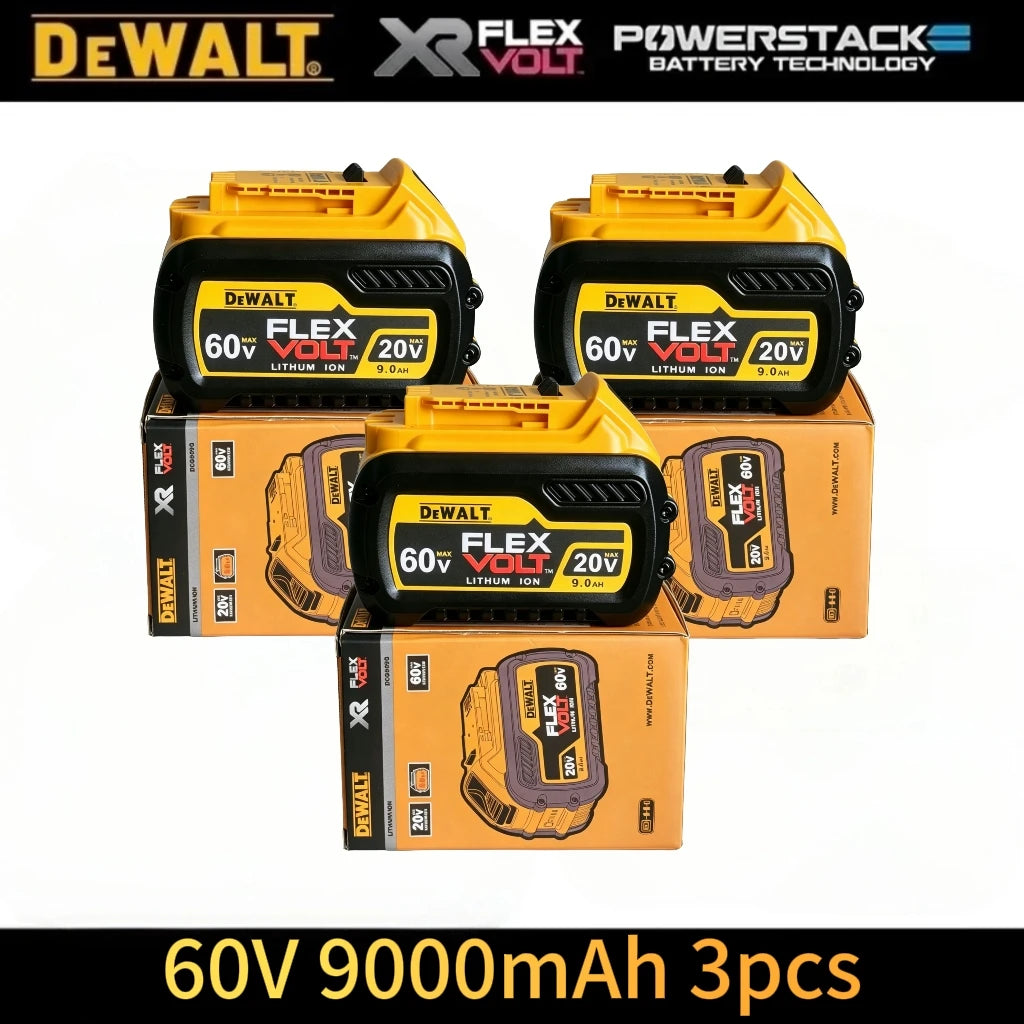 Dewalt 20V battery packs front view, two yellow and black packs