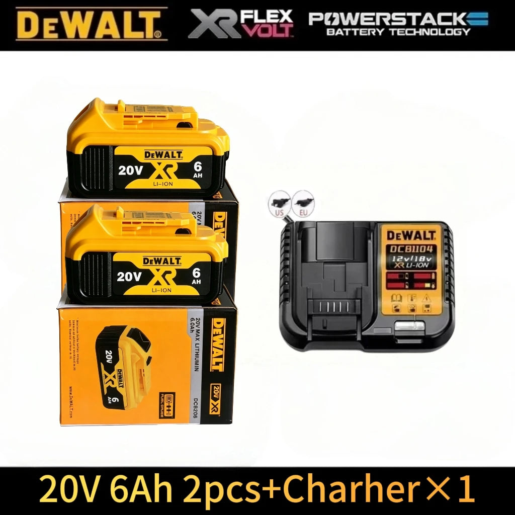 Dewalt 20V battery and charger set packaging, yellow and black