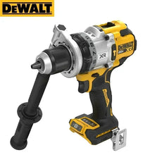 DEWALT DCD1007 front view with attachment, yellow and black drill chuck