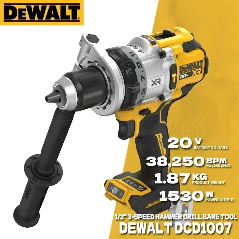 DEWALT DCD1007 front view, yellow and black cordless hammer drill