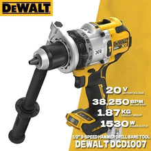 DEWALT DCD1007 front view, yellow and black cordless hammer drill