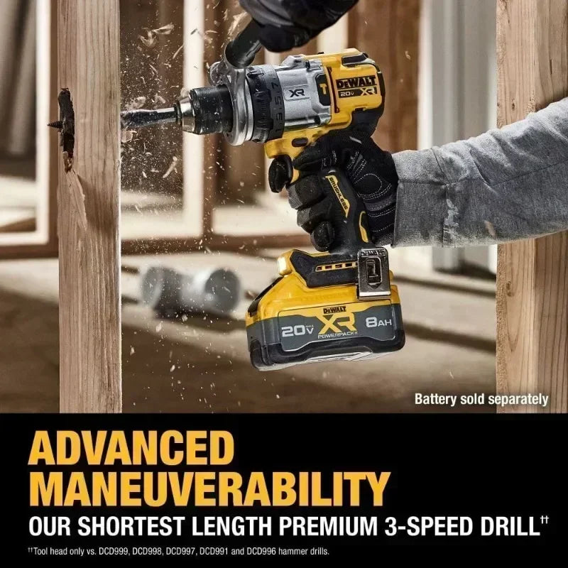 DEWALT DCD1007 side view, yellow and black cordless hammer drill