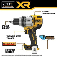 DEWALT DCD1007 close-up specs detail, black and orange drill information