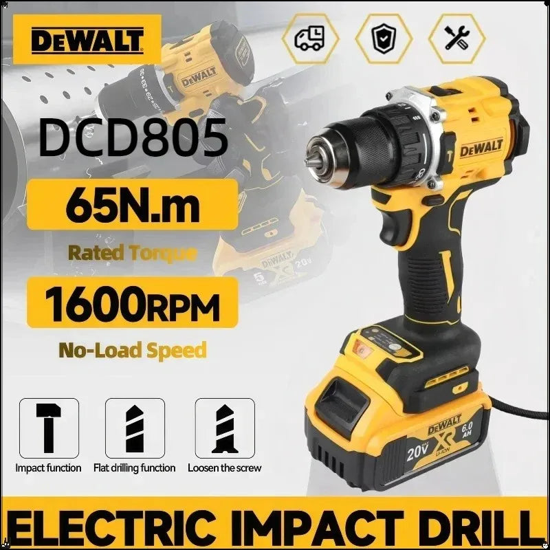 DEWALT DCD805 impact drill packaging specs, yellow and black