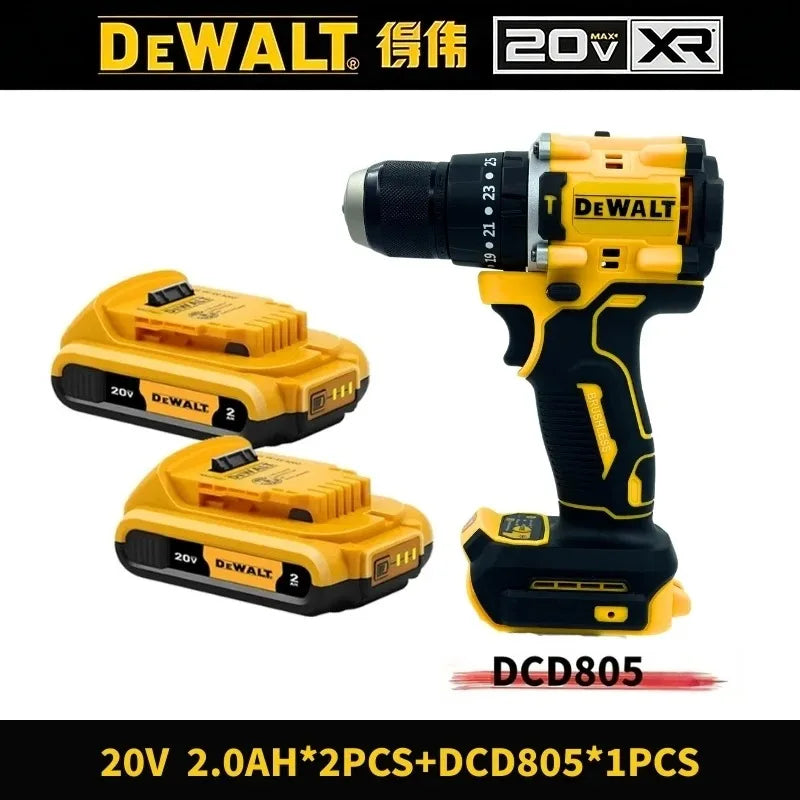 DEWALT DCD805 lifestyle shot with LED light, compact yellow-black drill and two batteries