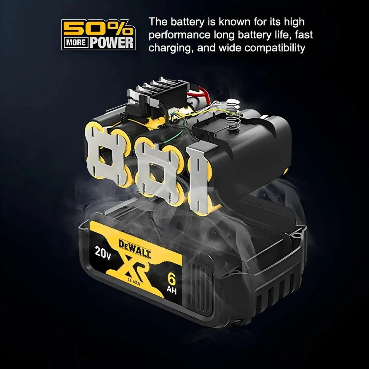 20V DeWALT battery compatibility detail, yellow-black close-up