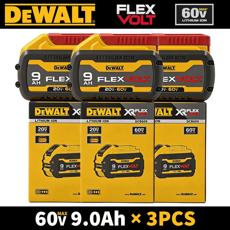 Dewalt FlexVolt battery pack set lifestyle, yellow and black on white