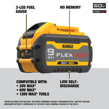 Dewalt FlexVolt battery specifications detail, yellow and black close-up