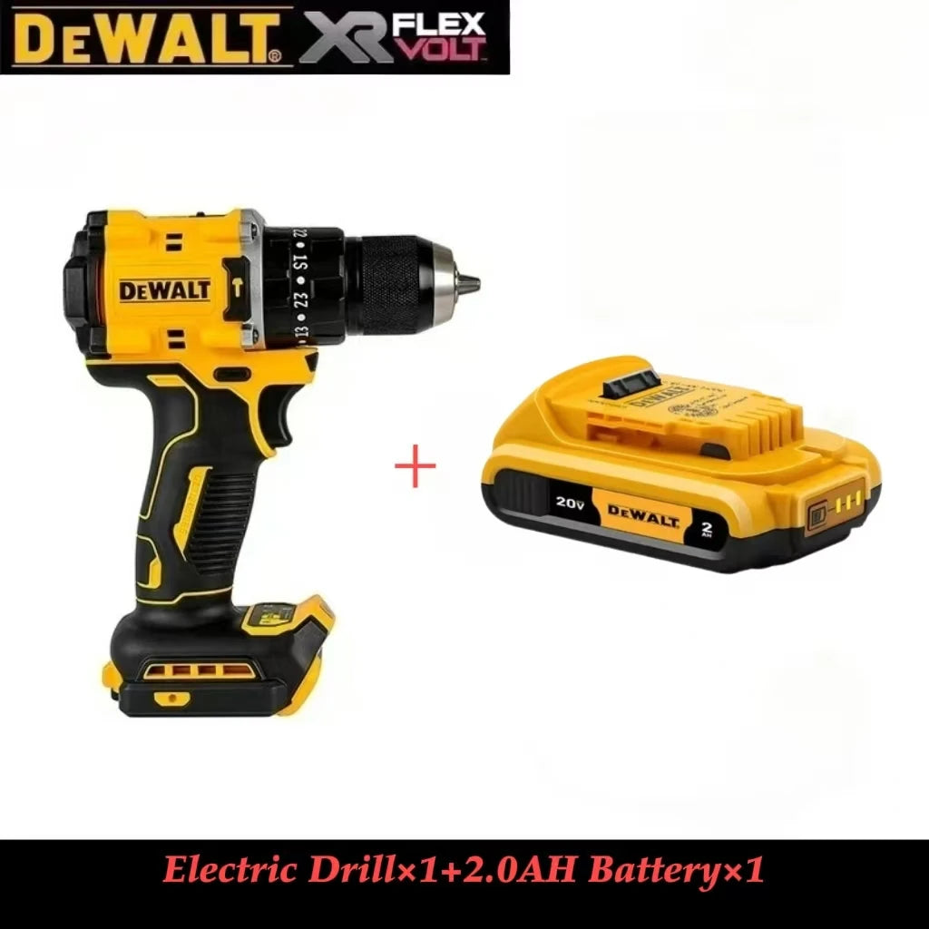 DEWALT DCD805 cordless drill and battery, yellow and black detail
