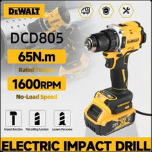 DEWALT DCD805 packaging shot, yellow and black impact drill kit