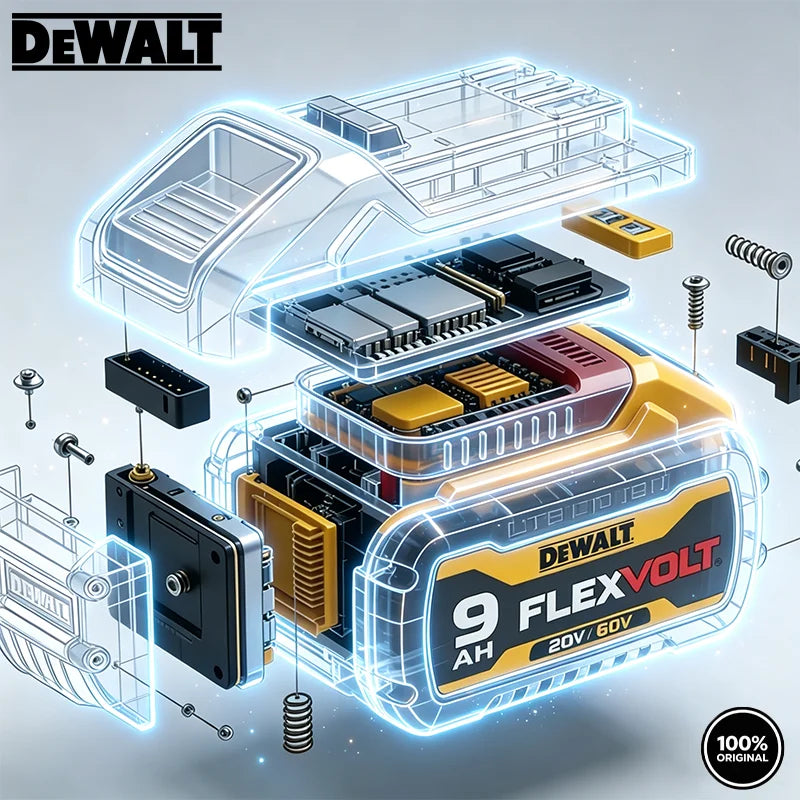 Dewalt DCB609 battery exploded view with 21700 cell components