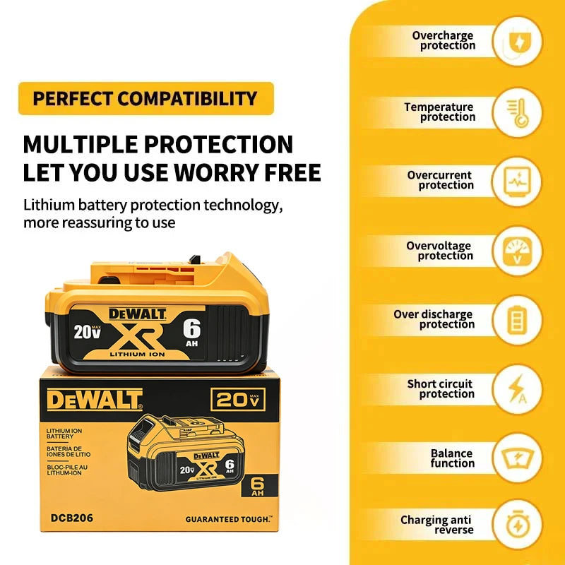DEWALT DCB206 comparison detail, yellow-black battery protection features