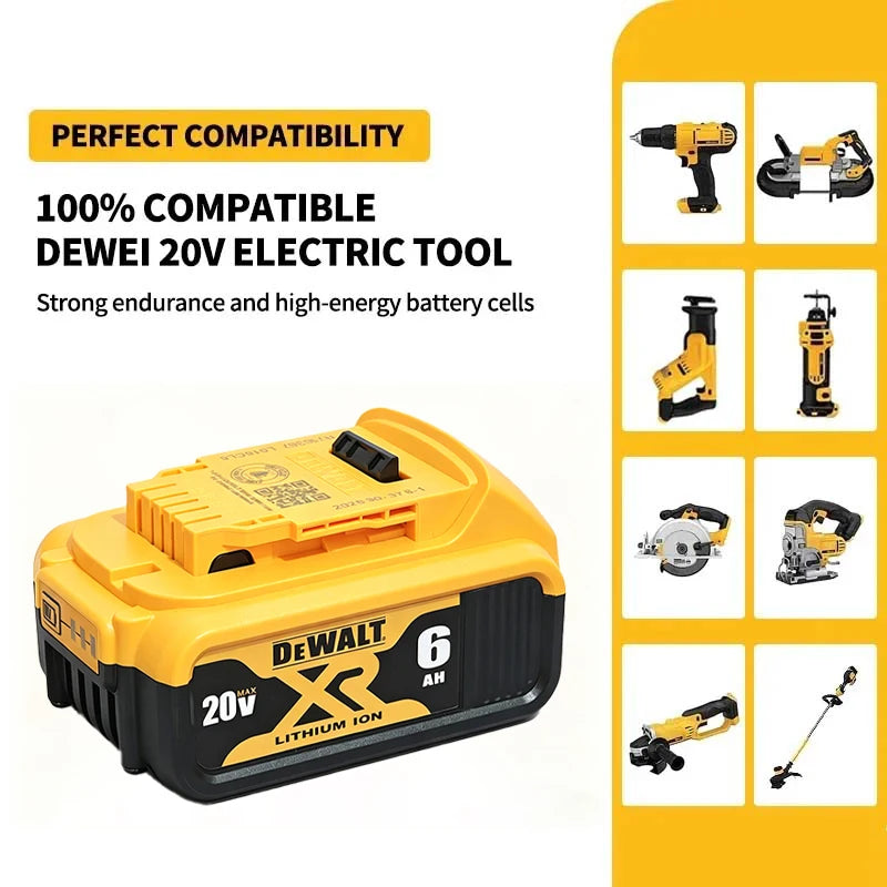 DEWALT DCB206 detail close-up, yellow-black 20V 6Ah battery