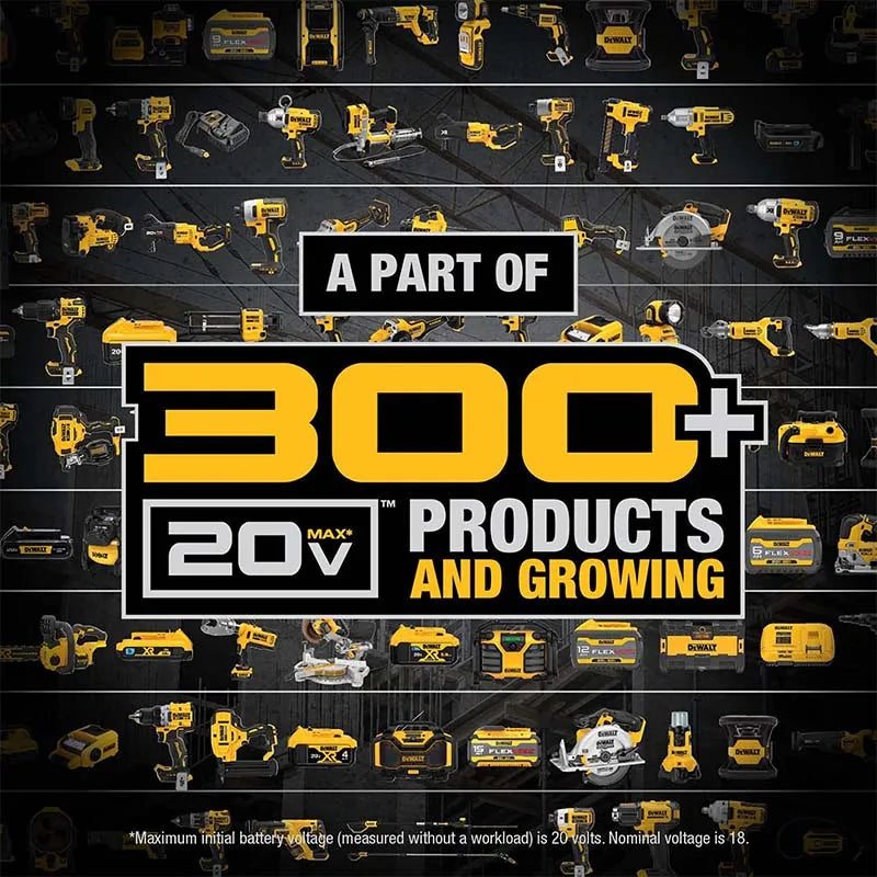 DEWALT DCB206 lifestyle shot, yellow-black battery with compatible tools