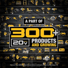 DEWALT DCB206 lifestyle shot, yellow-black battery with compatible tools