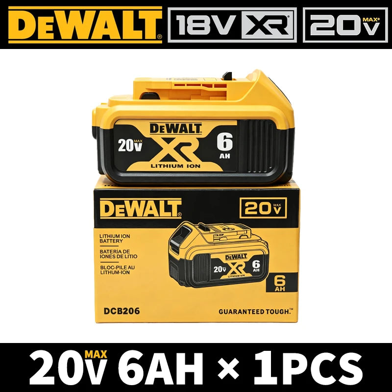 DEWALT DCB206 packaging front view, yellow-black 20V 6Ah battery