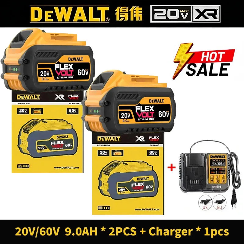 Dewalt 20V battery packaging, yellow and black with 2-piece set and 6A charger