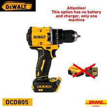 Dewalt cordless drill front view, yellow/black with LED and speed