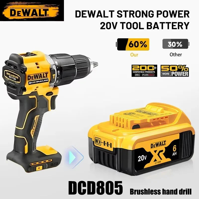 Dewalt 20V XR battery and drill, yellow/black lifestyle shot