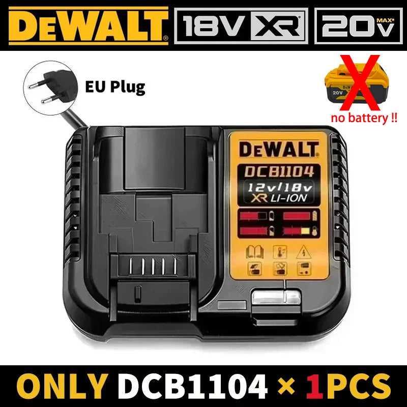 Dewalt battery charger detail close-up, black and yellow with LED indicators