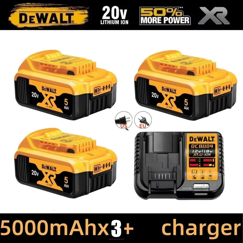 Dewalt 20V XR battery and charger set packaging, 5000mAh batteries