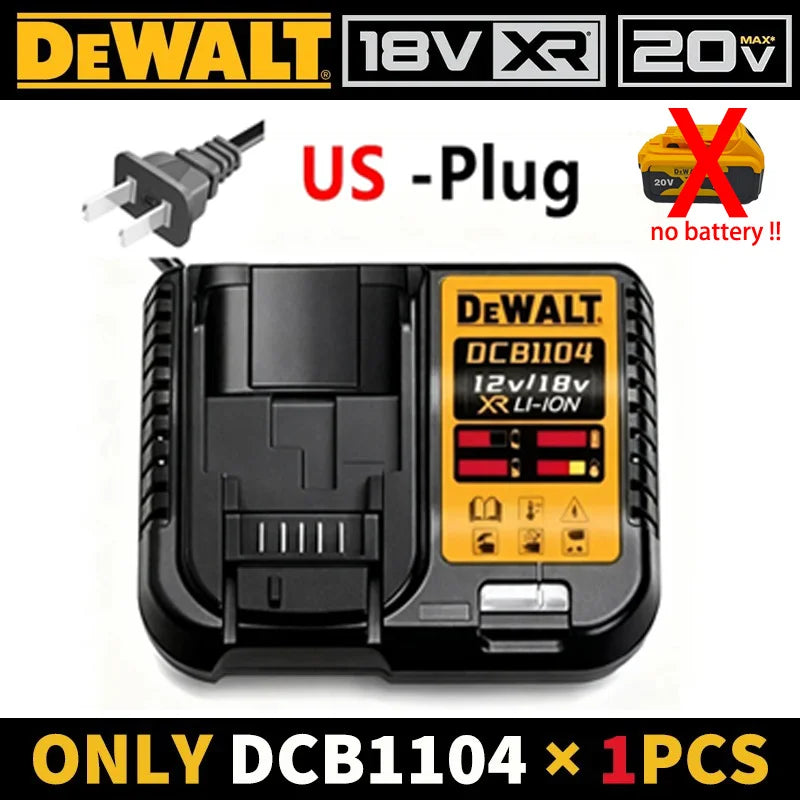 Dewalt 20V XR battery charger packaging with US plug, black and yellow