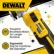 DEWALT DCG405N ergonomic grip detail, yellow and black cordless angle grinder