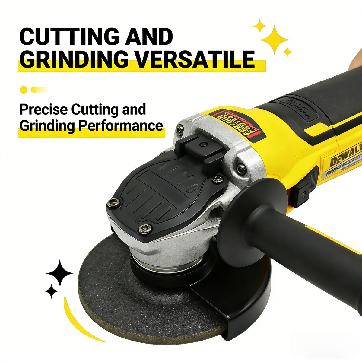 DEWALT DCG405N cutting and grinding capability detail, yellow and black