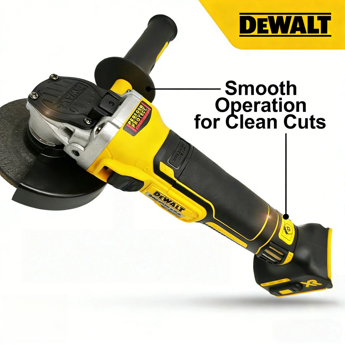DEWALT DCG405N detail shot, smooth operation on a white background