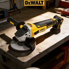 DEWALT DCG405N close-up detail highlighting brushless motor, yellow and black