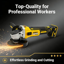 DEWALT DCG405N front view, yellow and black cordless brushless angle grinder