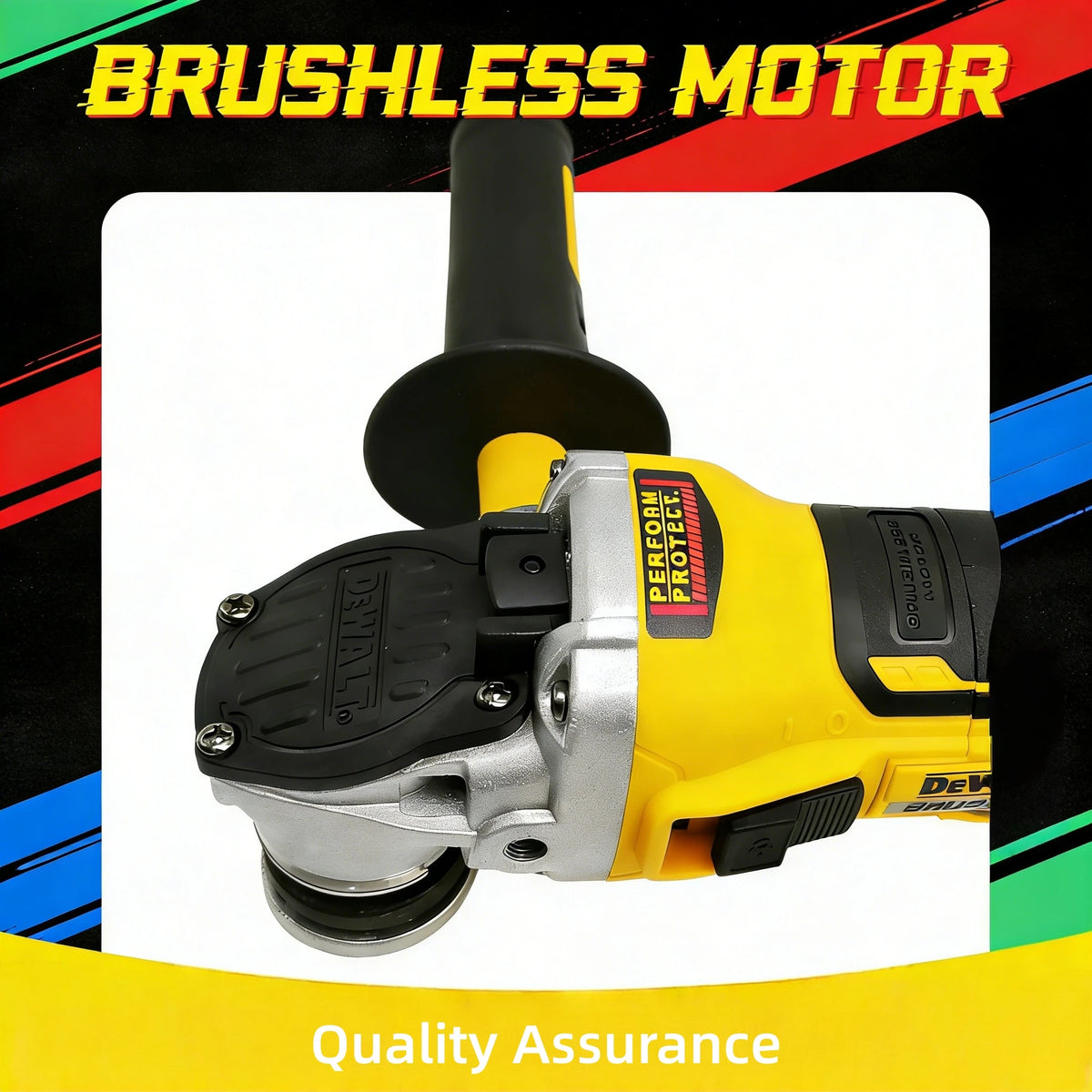 DEWALT DCG405N lifestyle shot showing powerful cordless angle grinder in yellow and black