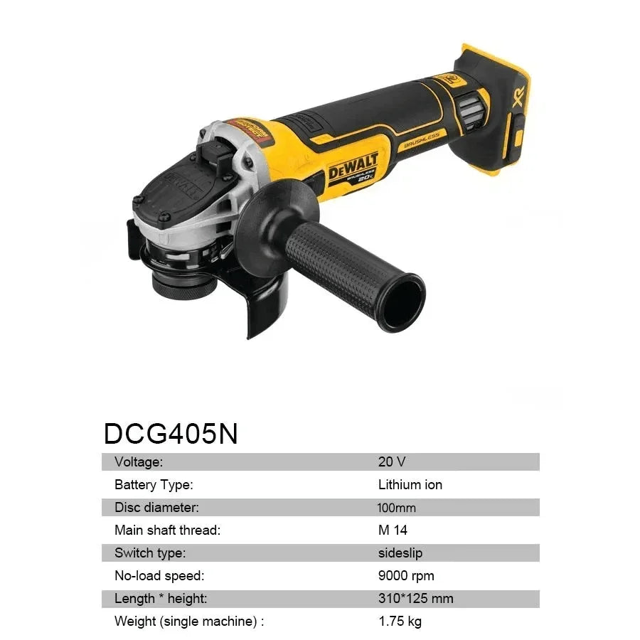 DEWALT DCG405N product specifications packaging, white and black with model info