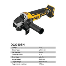 DEWALT DCG405N product specifications packaging, white and black with model info