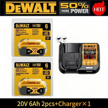 DeWalt battery pack with charger packaging, yellow and black on solid background