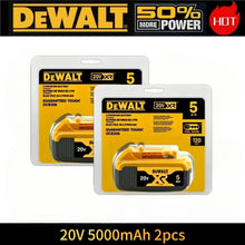 DeWalt 20V battery pack packaging, yellow and black with two batteries