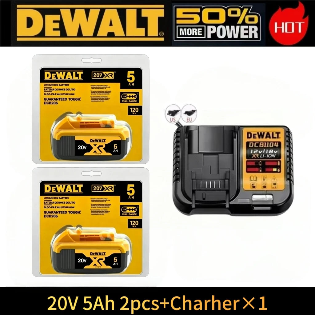 DeWalt battery and charger set packaging, yellow and black on white background