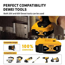 DeWalt 20V battery compatibility shot, yellow and black on white background
