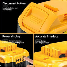 Close-up of DeWalt 20V battery interface, yellow power display on solid background